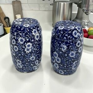 Vintage Churchill Calico Blue Barrel Salt Pepper Shaker Set England Descontinued